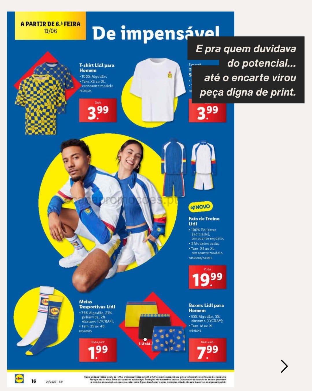Peças promocionais da coleção Lidl com preços acessíveis e identidade visual marcante
