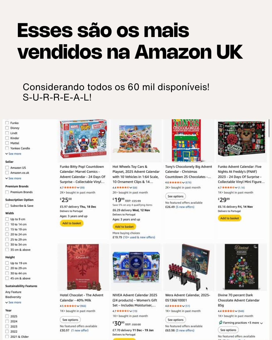 Card com ranking de calendários do advento mais vendidos na Amazon UK