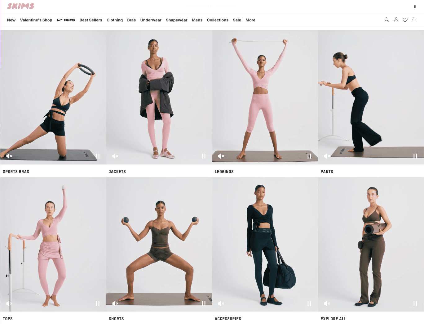 Peças Skims no site em poses de movimento, mostrando ajuste, elasticidade e funcionalidade.